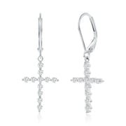 Silver earrings with dangling cross pendants, each adorned with small, sparkling stones.