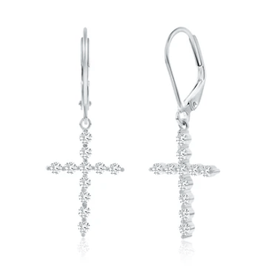 Silver earrings with dangling cross pendants, each adorned with small, sparkling stones.