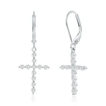 Silver earrings with dangling cross pendants, each adorned with small, sparkling stones.