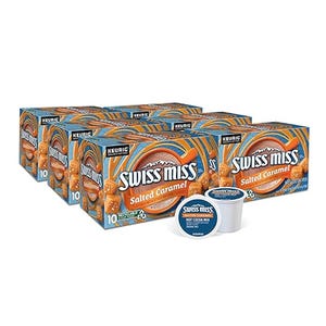 Six boxes of Swiss Miss Salted Caramel Hot Cocoa K-Cup pods for Keurig brewers, each box contains 10 pods totaling 60 pods.