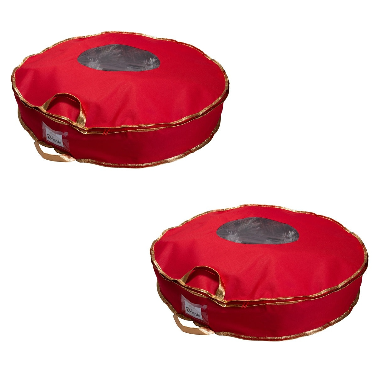 Two red, round storage bags with handles and a transparent window, designed for storing wreaths.