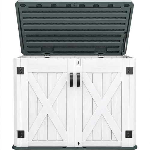 Outdoor storage shed with a white and black design, featuring double doors and a hinged lid for easy access.