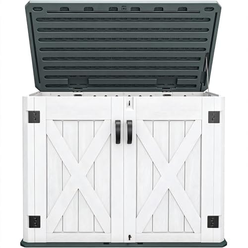 Outdoor storage shed with a white and black design, featuring double doors and a hinged lid for easy access.