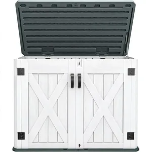 Outdoor storage shed with a white and black design, featuring double doors and a hinged lid for easy access.