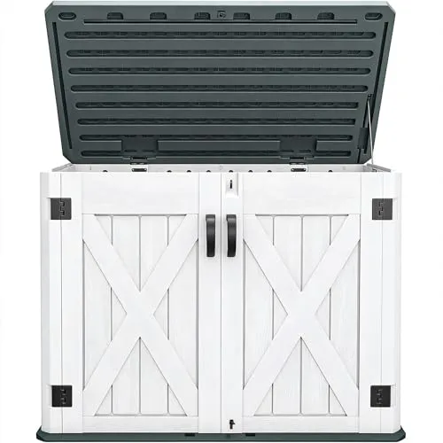 Outdoor storage shed with a white and black design, featuring double doors and a hinged lid for easy access.