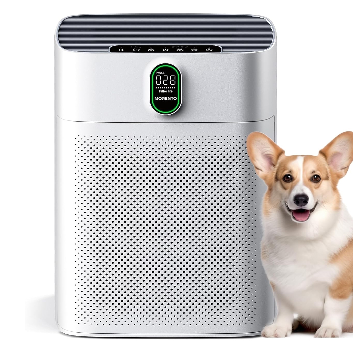 A white air purifier with a digital display showing PM2.5 levels, next to a small dog.