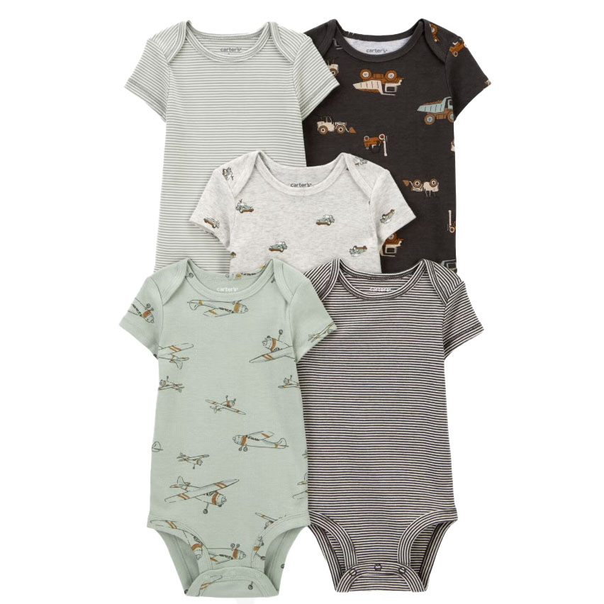 Five short-sleeve bodysuits with different designs: two striped, one with airplanes on green, one with trucks on black, and one with cars on gray.