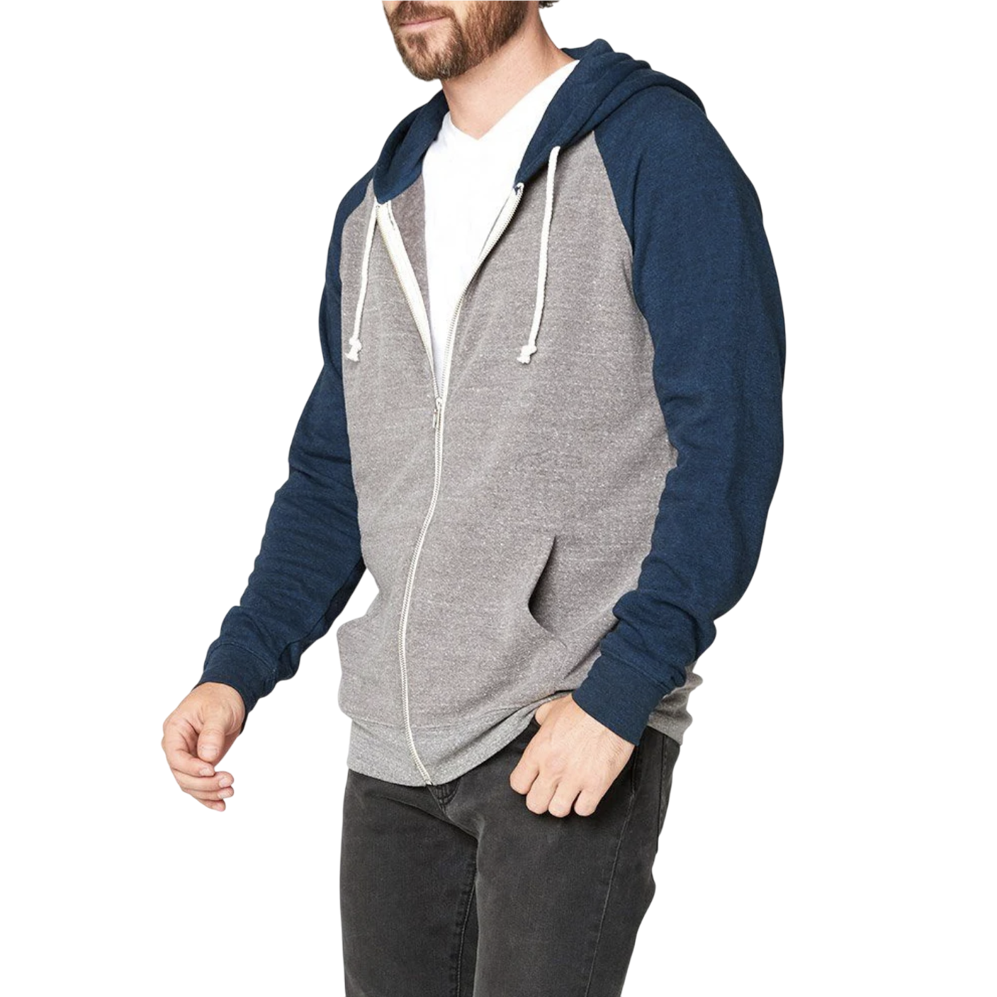 A man is wearing a zip-up hoodie with a gray body, navy sleeves, and a hood, paired with a white t-shirt and dark jeans.