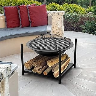 A circular fire pit with a grill top and a lower shelf holding firewood, placed on an outdoor patio.