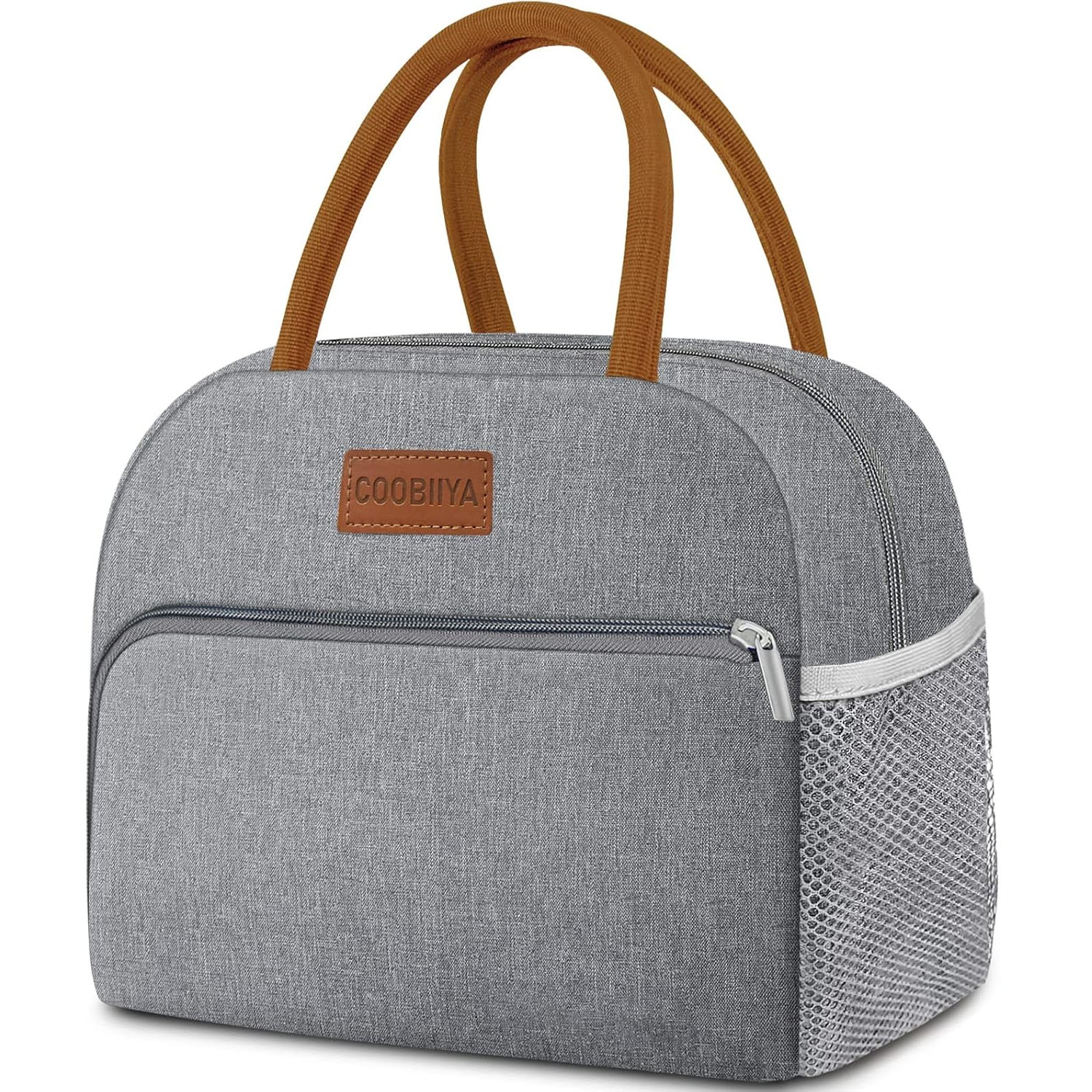 A gray, insulated lunch bag with brown handles, a front zippered pocket, and a side mesh pocket. The brand name \“COOBIIYA\“ is on a leather-like patch.