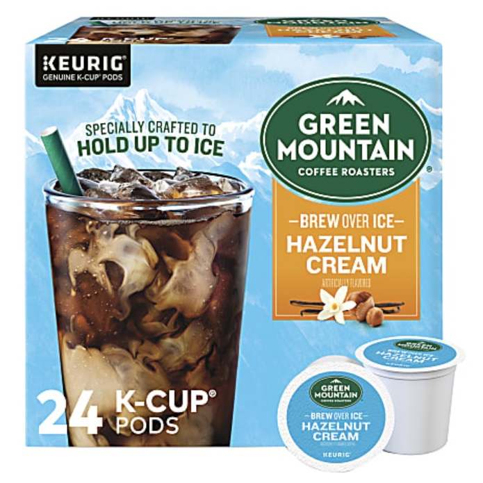 Green Mountain Coffee Roasters Hazelnut Cream Brew Over Ice K-Cup Pods, 24 count, specially crafted for iced coffee with a rich hazelnut cream flavor.