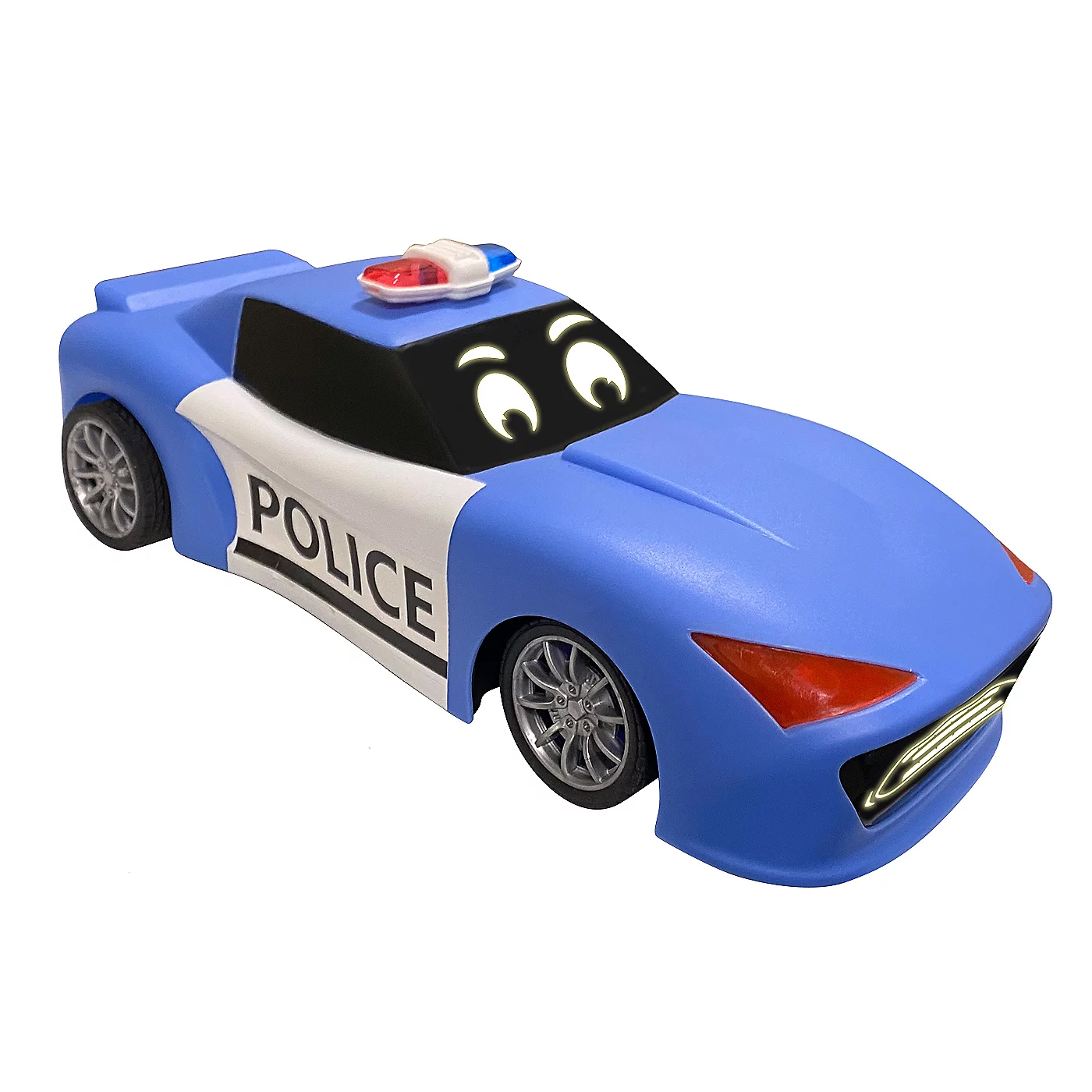 Blue and white animated police car toy with cartoonish eyes and a siren on top.