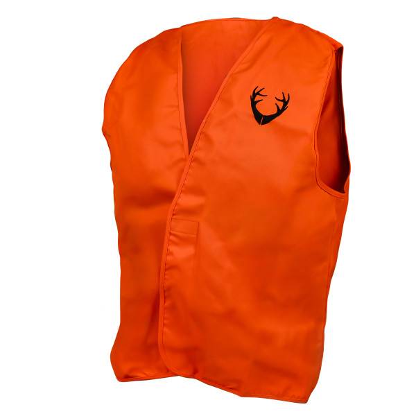 Bright orange safety vest with a black antler logo on the chest.