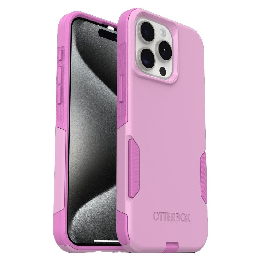A pink OtterBox phone case designed for protection, featuring reinforced corners and precise cutouts for a phone with a triple camera setup.