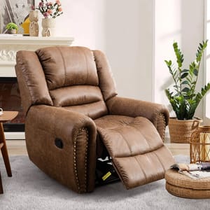 A brown upholstered recliner chair with plush cushioning and studded accents.
