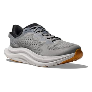 Gray athletic shoe with a breathable mesh upper, cushioned midsole for comfort, and a gum rubber sole. Features include a low profile, lace-up closure, and Hoka branding.