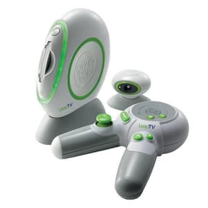 LeapFrog LeapTV is an educational gaming console with a white and green design, featuring a base unit, a motion-sensing camera, and an ergonomic controller with a joystick and buttons labeled A and B for interactive learning and play.