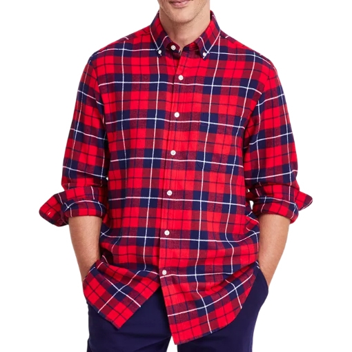 A red and navy plaid flannel shirt with a button-down collar and rolled-up sleeves.