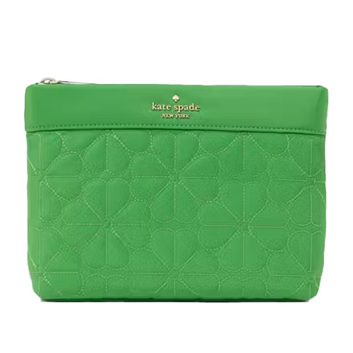 Green Kate Spade New York cosmetics bag with quilted spade flower pattern and a zip closure.