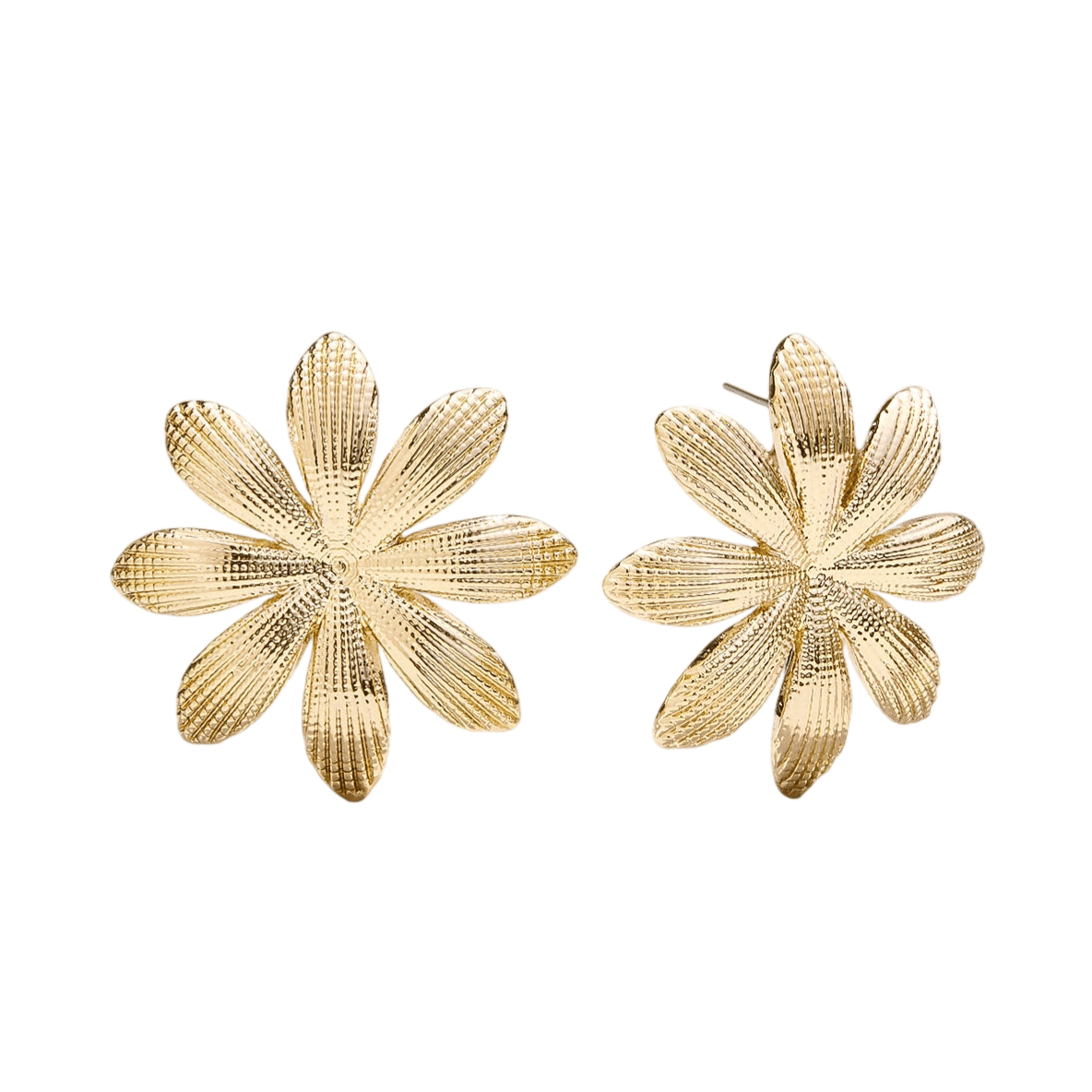 Gold-toned flower-shaped stud earrings with a textured surface, featuring multiple petals.