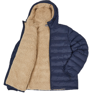 A navy puffer jacket with a hood and tan fleece lining, designed for warmth.
