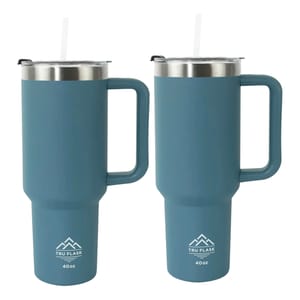 2-pack of 40oz blue tumblers with large handles and stainless steel tops, featuring straws and a thermal design for temperature retention.