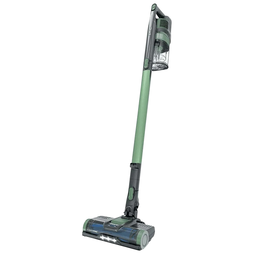 Shark Pet Cordless Stick Vacuum, green, features a slim design with a transparent dustbin and LED lights on the floor head, suitable for versatile cleaning.
