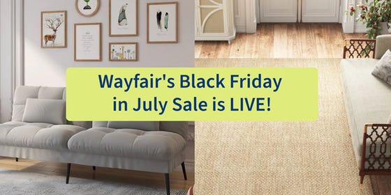 a purple banner promoting the Wayfair Black Friday in July Sale