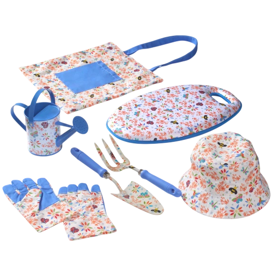 A floral-patterned gardening set, including a watering can, gloves, kneeling pad, bucket hat, apron, fork, and trowel, all featuring blue accents.