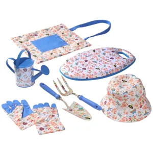 A floral-patterned gardening set, including a watering can, gloves, kneeling pad, bucket hat, apron, fork, and trowel, all featuring blue accents.