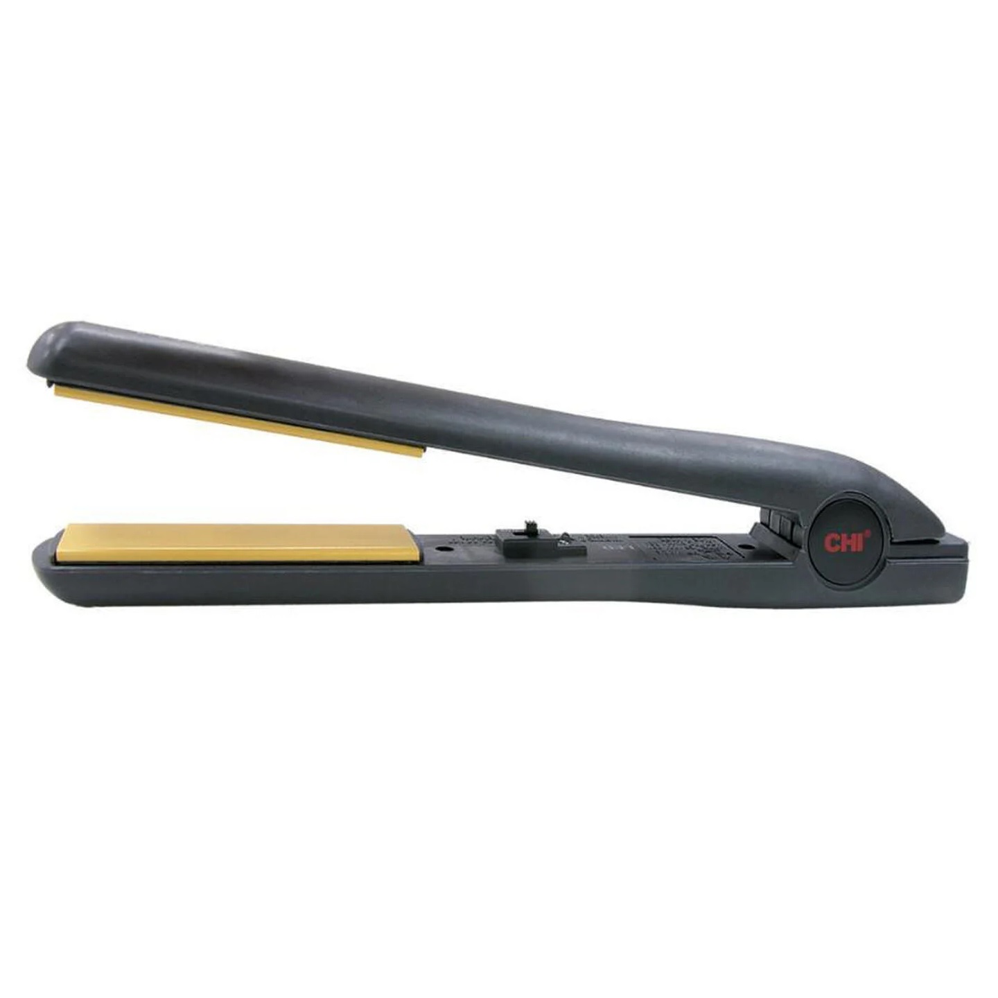 A black CHI hair straightener with gold ceramic plates, designed for styling and smoothing hair.