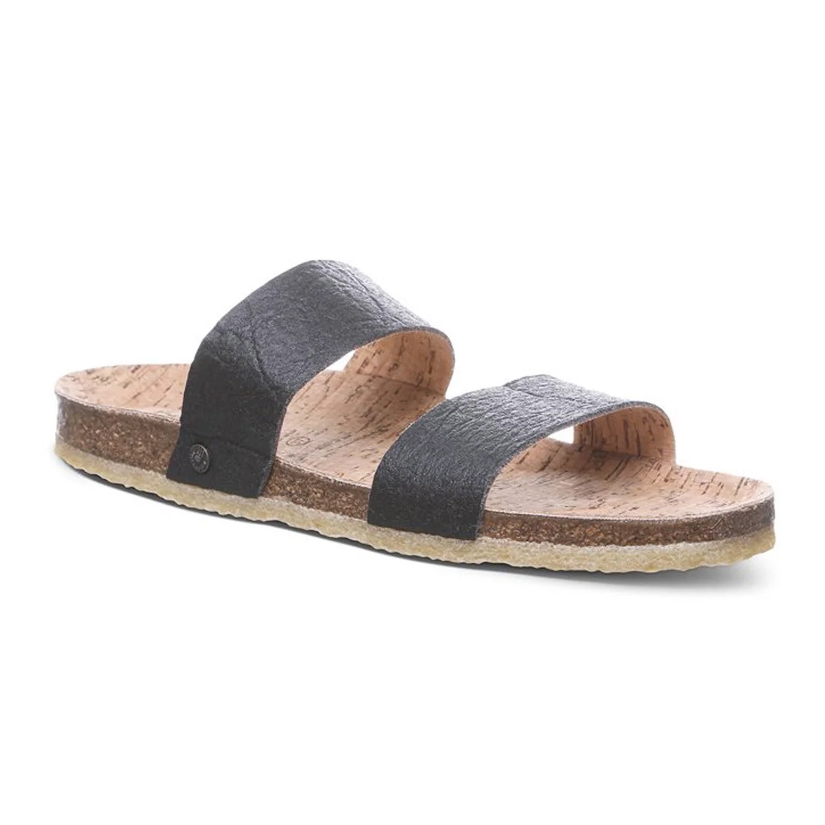 A black, dual-strap sandal with a cork footbed and a textured sole, designed for casual wear.