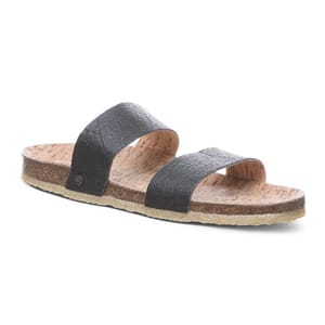 A black, dual-strap sandal with a cork footbed and a textured sole, designed for casual wear.