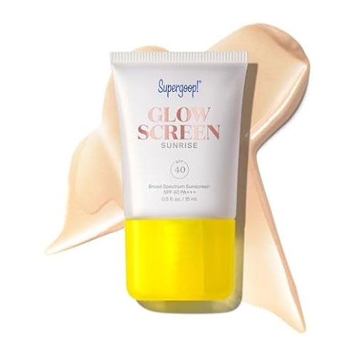 Supergoop! Glow Screen Sunrise is a broad spectrum SPF 40 sunscreen and primer. It provides a dewy glow and comes in a tube with a bright yellow cap.