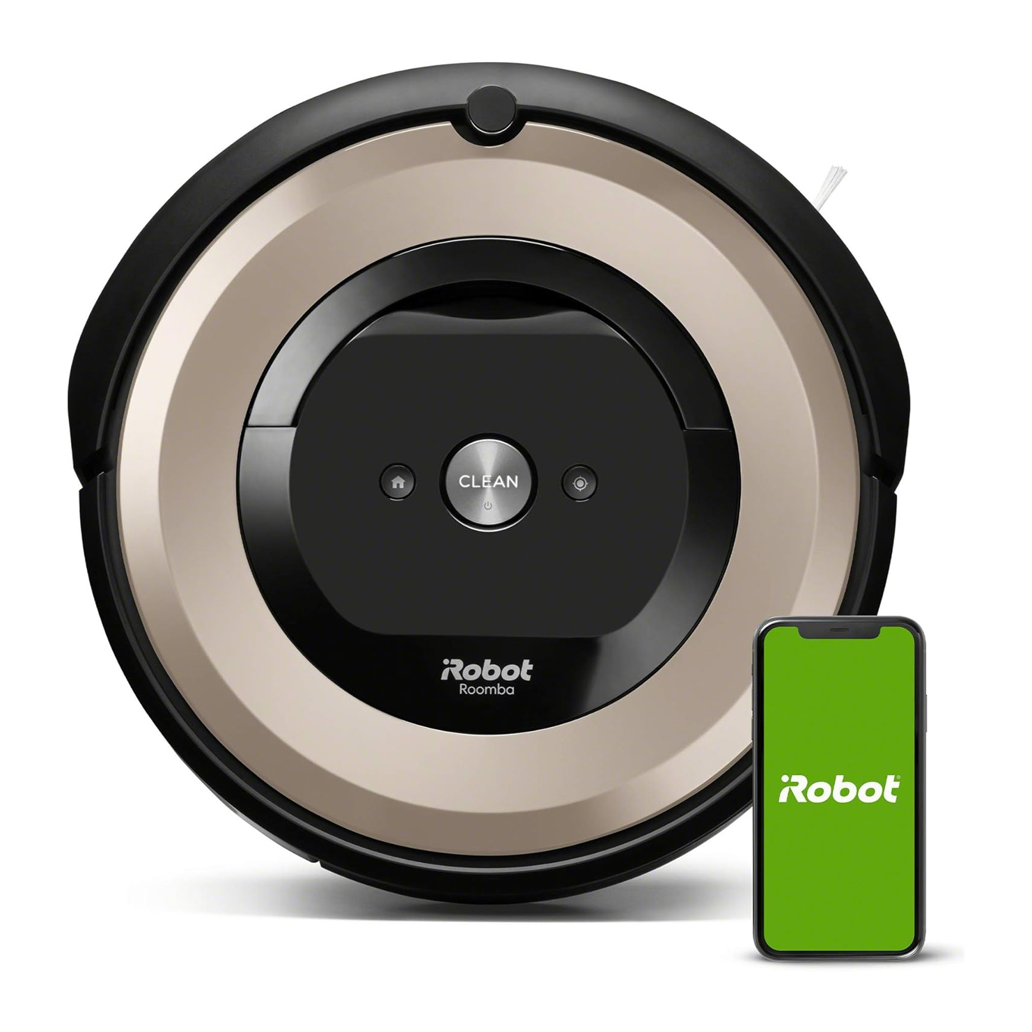 A circular robotic vacuum, the Roomba E6, accompanied by a smartphone displaying its companion app, both in black and brown color scheme.