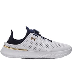 UA Slip-On Training Shoes feature a sleek white design with perforations, navy accents, and gold details. They have a low-profile, slip-on style with a flexible sole for athletic performance.