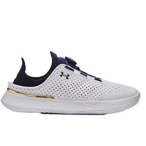 UA Slip-On Training Shoes feature a sleek white design with perforations, navy accents, and gold details. They have a low-profile, slip-on style with a flexible sole for athletic performance.