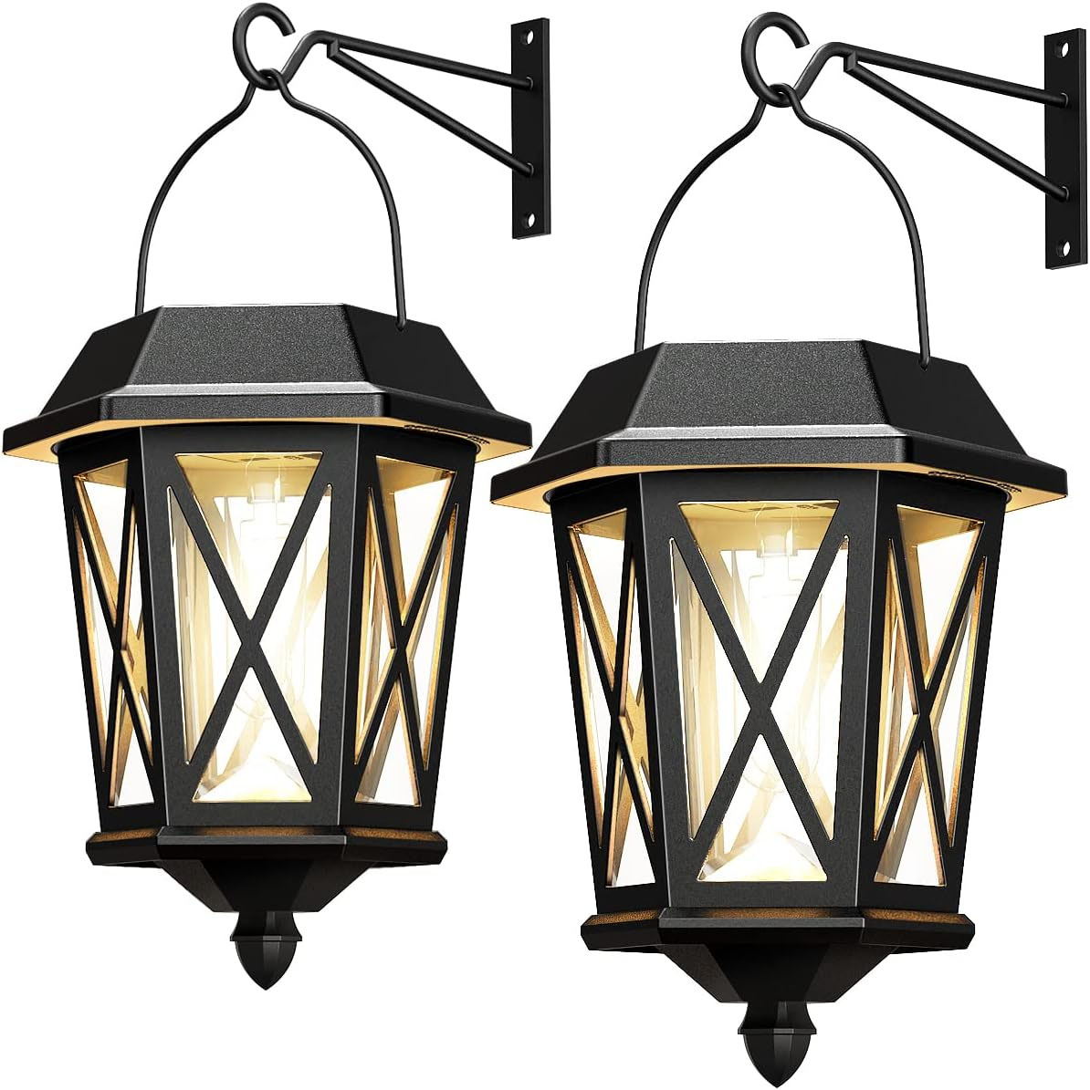 Set of two black hanging solar lanterns with an elegant crisscross design, featuring warm LED lights. They include wall-mounted brackets and a classic, weather-resistant finish suitable for outdoor use.