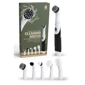 Cordless Power Scrubber with black handle and five replaceable, interchangeable brush heads for versatile cleaning needs. The package includes different brush styles for various surfaces and tasks.