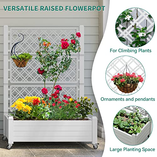 Versatile raised flowerpot with a trellis for climbing plants, space for ornaments, and a large planting area, featuring wheels for mobility.