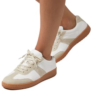 White and beige sneakers with a suede trim and rubber soles, featuring lace-up closure.