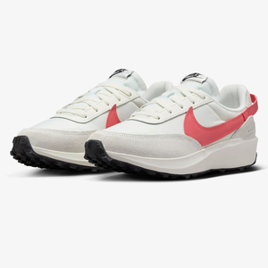 White Nike Waffle Debut Shoes with red swoosh logos, black outsoles, and light gray accents on the upper.