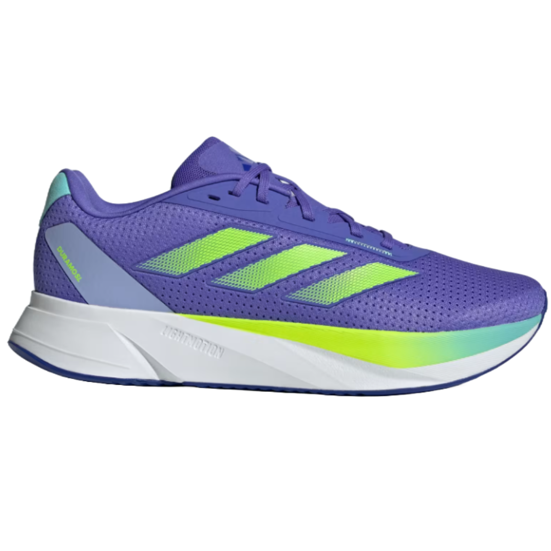 Adidas Men's Duramo SL Shoes are lightweight running sneakers featuring a purple mesh upper, bright green striped accents, and a cushioned white midsole with \“LIGHTMOTION\“ technology for comfort.