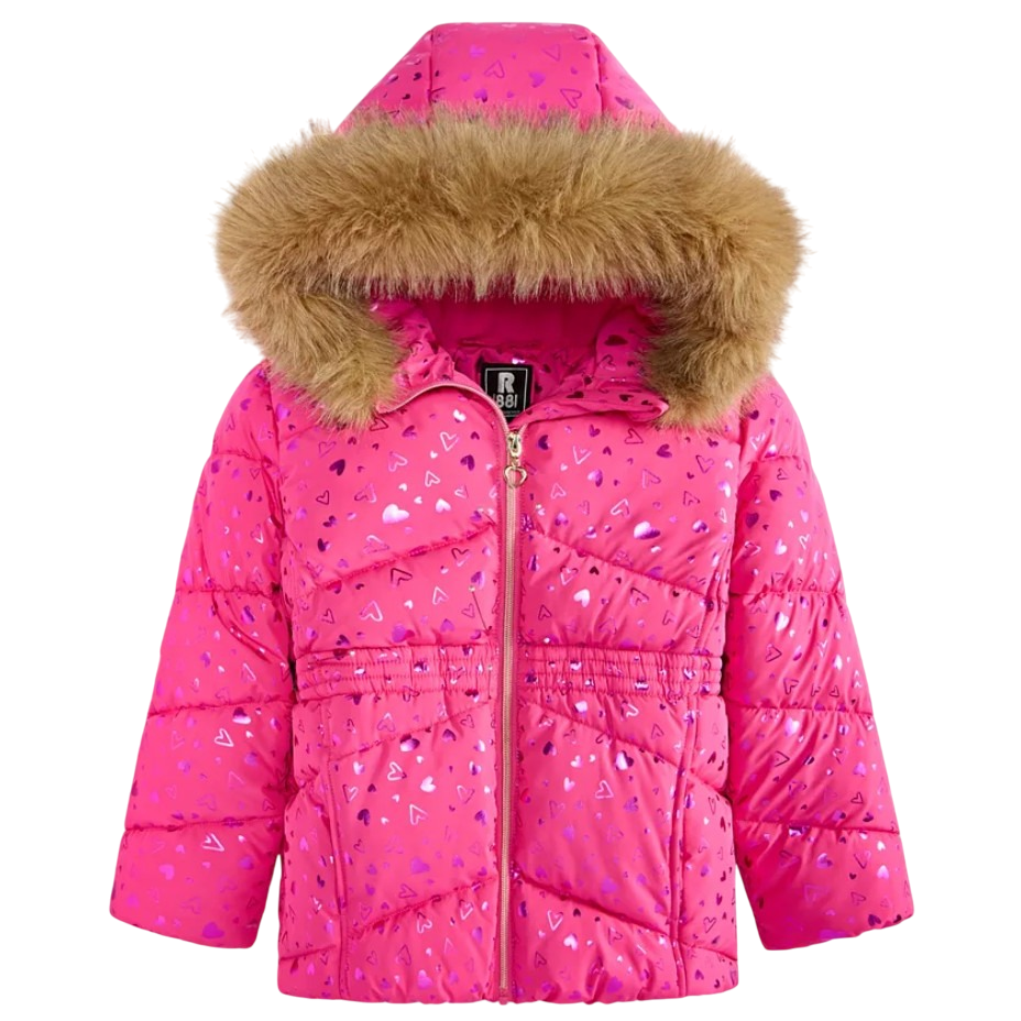 Pink puffer jacket with a heart pattern, featuring a faux fur-trimmed hood and front zipper.