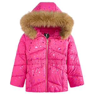 Pink puffer jacket with a heart pattern, featuring a faux fur-trimmed hood and front zipper.
