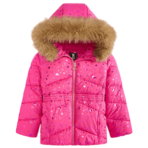 Pink puffer jacket with a heart pattern, featuring a faux fur-trimmed hood and front zipper.