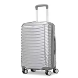 Silver Samsonite carry-on spinner featuring a textured, ribbed design with four multidirectional wheels, a telescopic handle, and a side handle for easy transport.