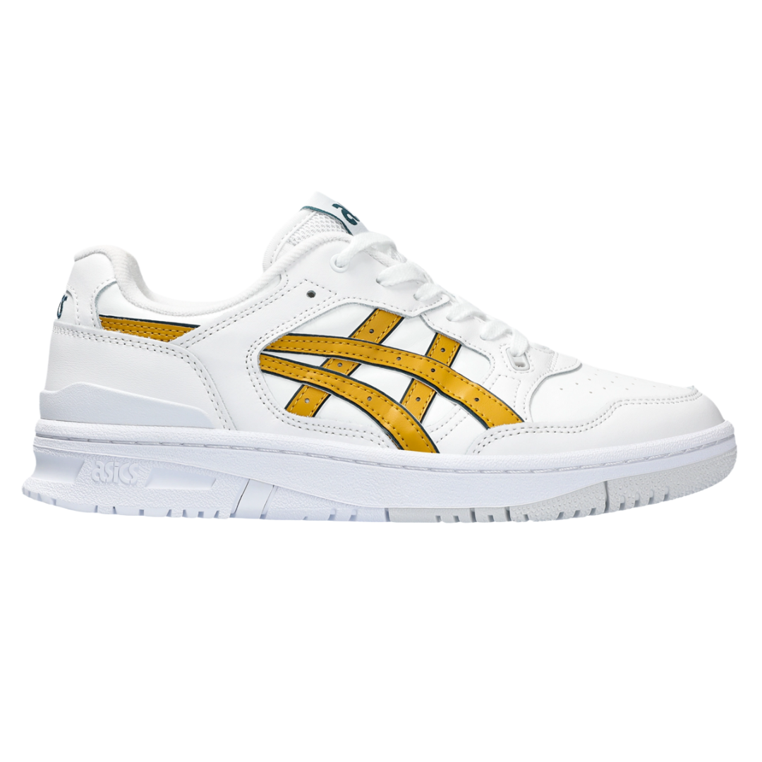 ASICS sneaker featuring a white base with yellow accents on the sides, showcasing the brand's signature design.