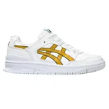 ASICS sneaker featuring a white base with yellow accents on the sides, showcasing the brand's signature design.
