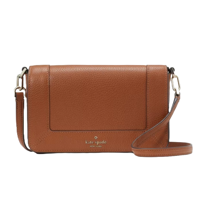 A brown Kate Spade leather crossbody bag featuring a sleek design with a flap closure, detachable strap, and the brand's logo on the front.